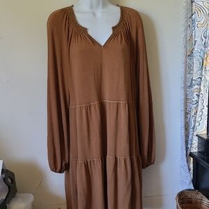 Wonderly Brown Long Sleeve Tiered Dress